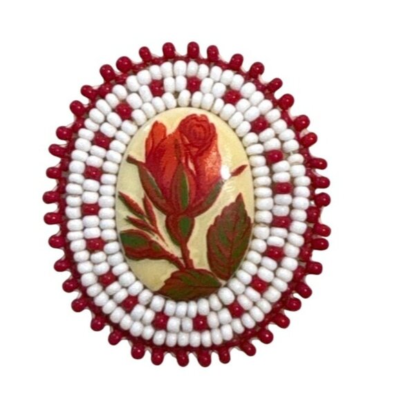Handcrafted Beaded Red Rose Brooch Pin With White & Red Beadwork - Picture 1 of 5